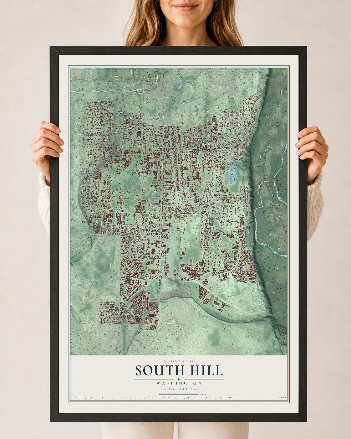 Map of South Hill, Washington, 24 x 36 inch print in a black wood frame