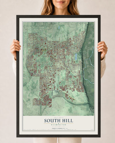 Map of South Hill, Washington, 24 x 36 inch print in a black wood frame