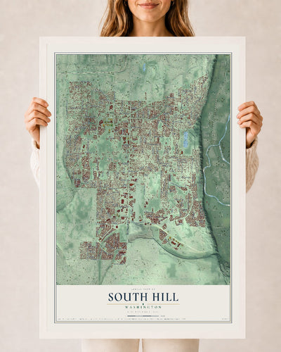 Map of South Hill, Washington, 24 x 36 inch print in a white wood frame