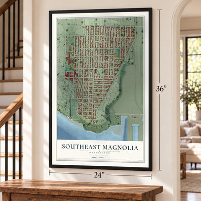 Southeast Magnolia, Washington map, 24 x 36 inch print in a black frame by a staircase