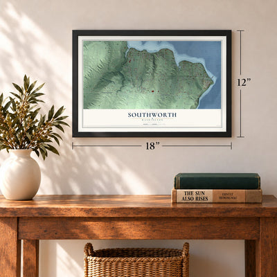 Southworth, Washington map, 12 x 18 inch print in a black frame in an entryway