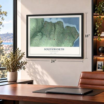 Southworth, Washington map, 18 x 24 inch print in a black frame in a home office