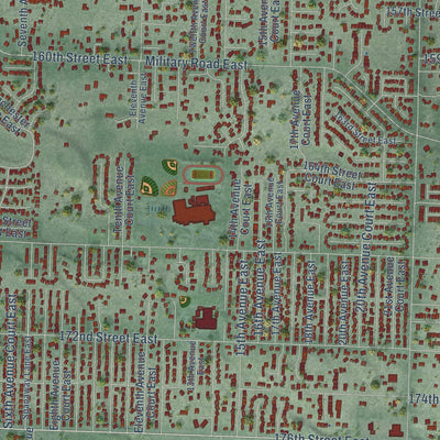 Close-up of the map of Spanaway, Washington print showing street and building detail