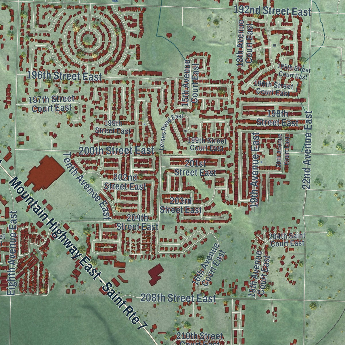 Second close-up of the map of Spanaway, Washington print showing more streets and buildings
