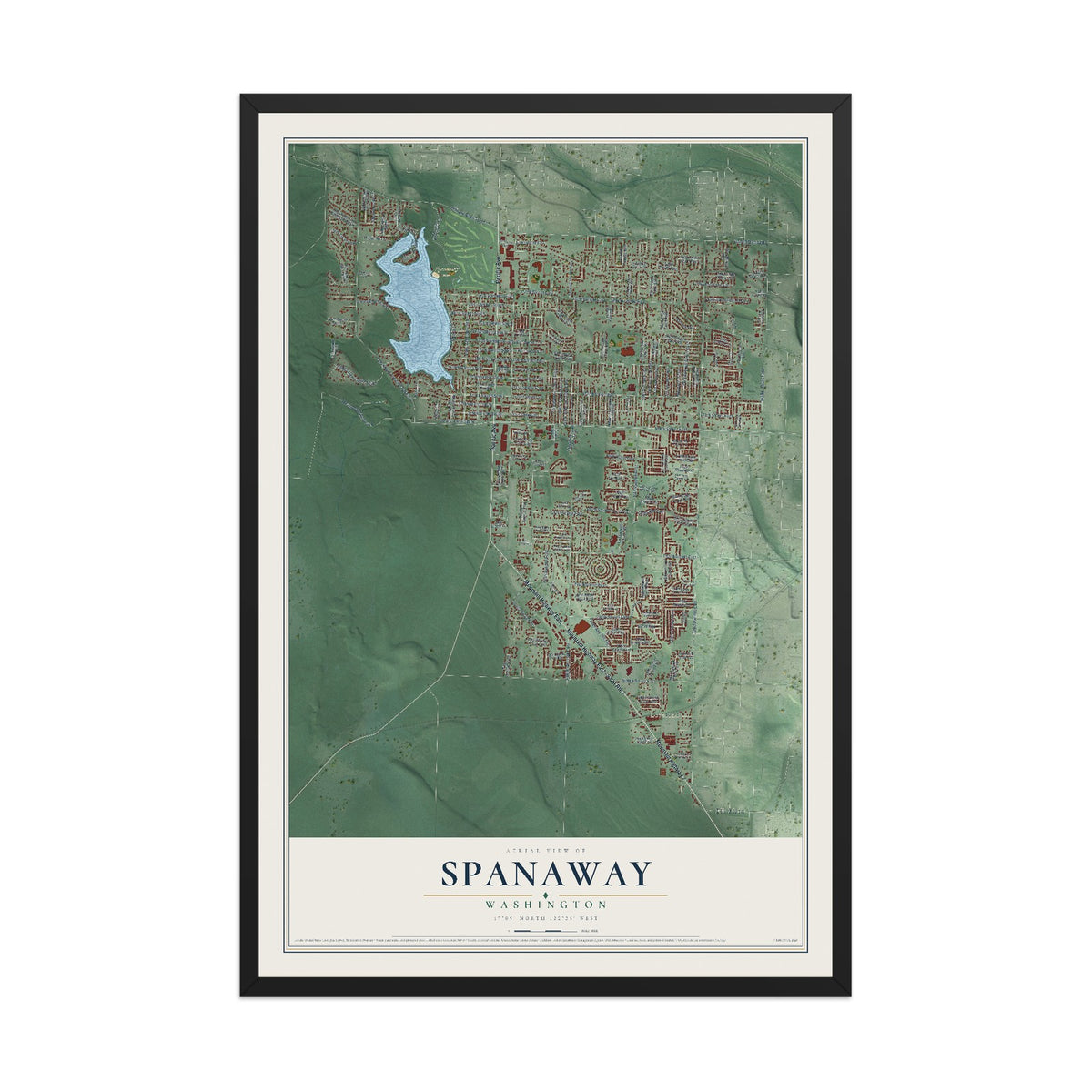Map of Spanaway, Washington, 12 x 18 inch print in a black wood frame