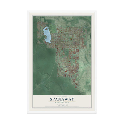 Map of Spanaway, Washington, 12 x 18 inch print in a white wood frame