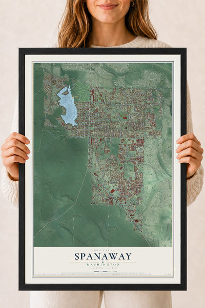 Map of Spanaway, Washington, 18 x 24 inch print in a black wood frame