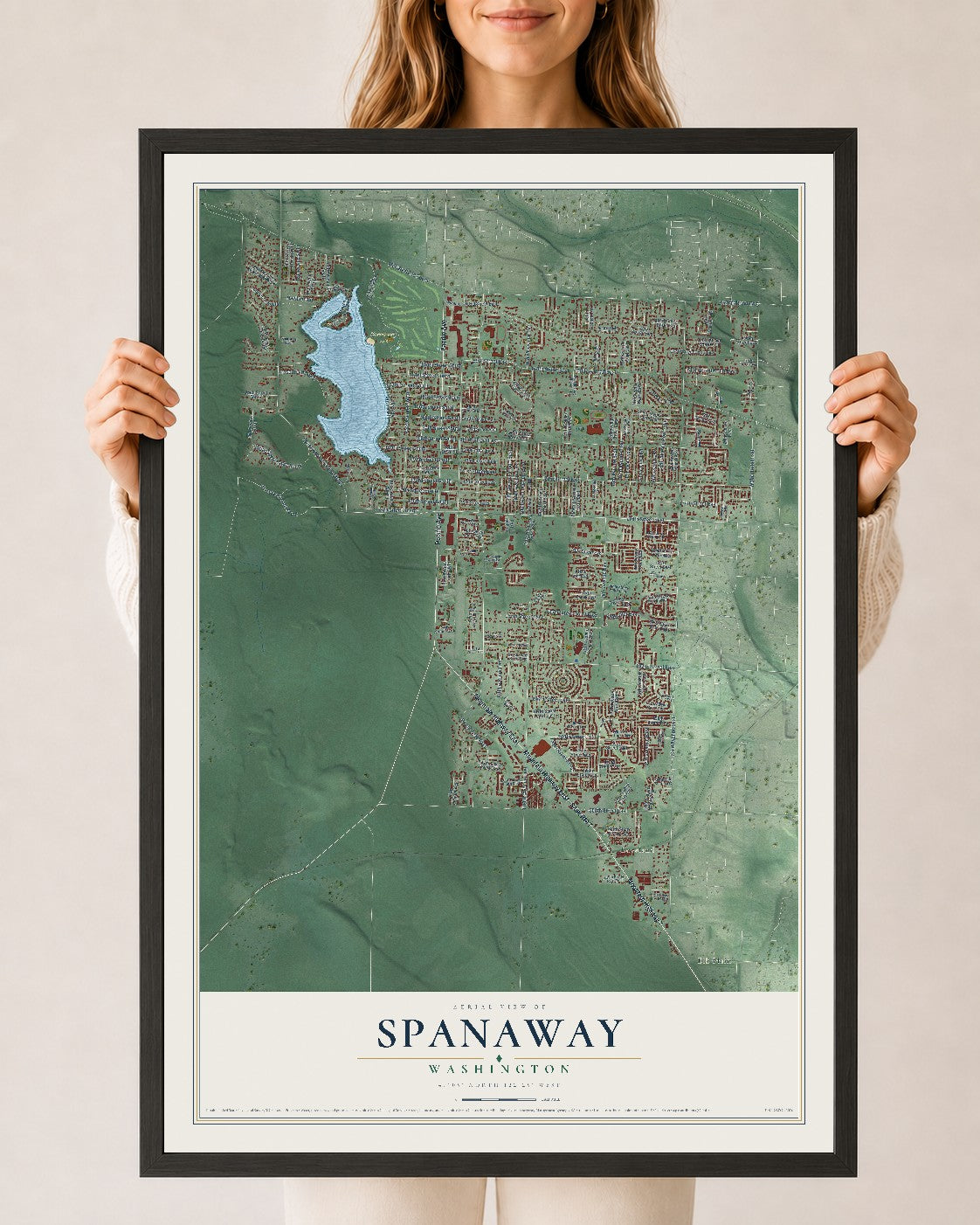 Map of Spanaway, Washington, 24 x 36 inch print in a black wood frame