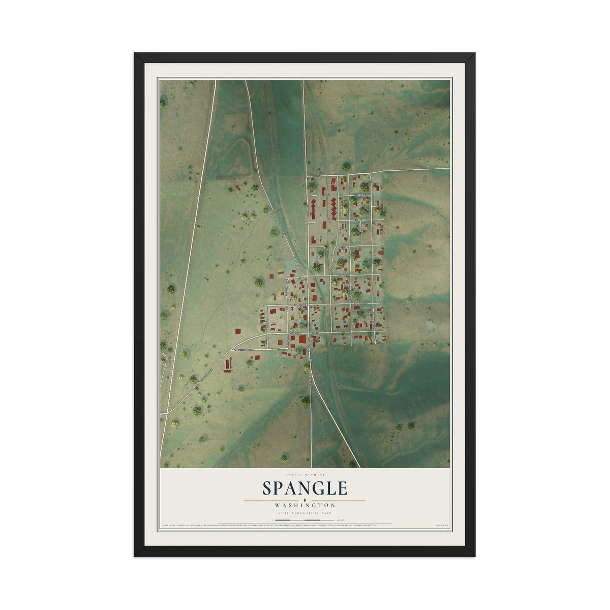 Map of Spangle, Washington, 12 x 18 inch print in a black wood frame