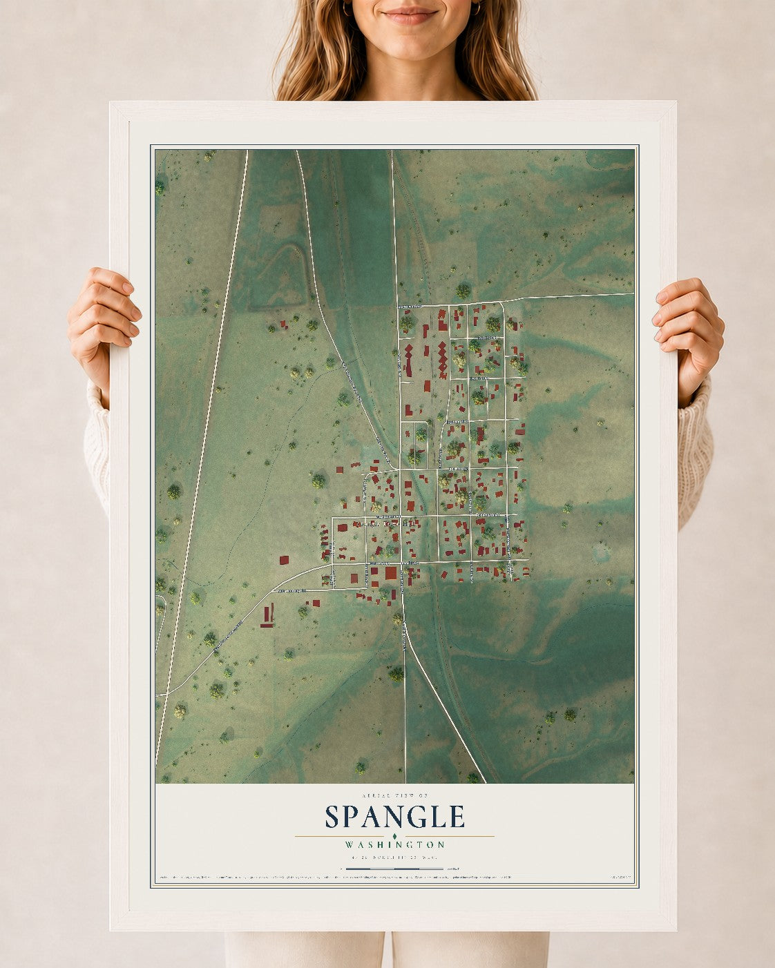 Map of Spangle, Washington, 24 x 36 inch print in a white wood frame