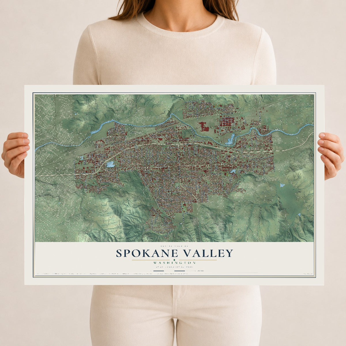 Map of Spokane Valley, Washington, 12 x 18 inch unframed archival matte print