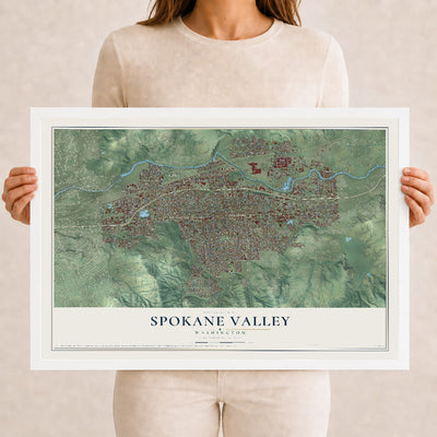 Map of Spokane Valley, Washington, 12 x 18 inch print in a white wood frame