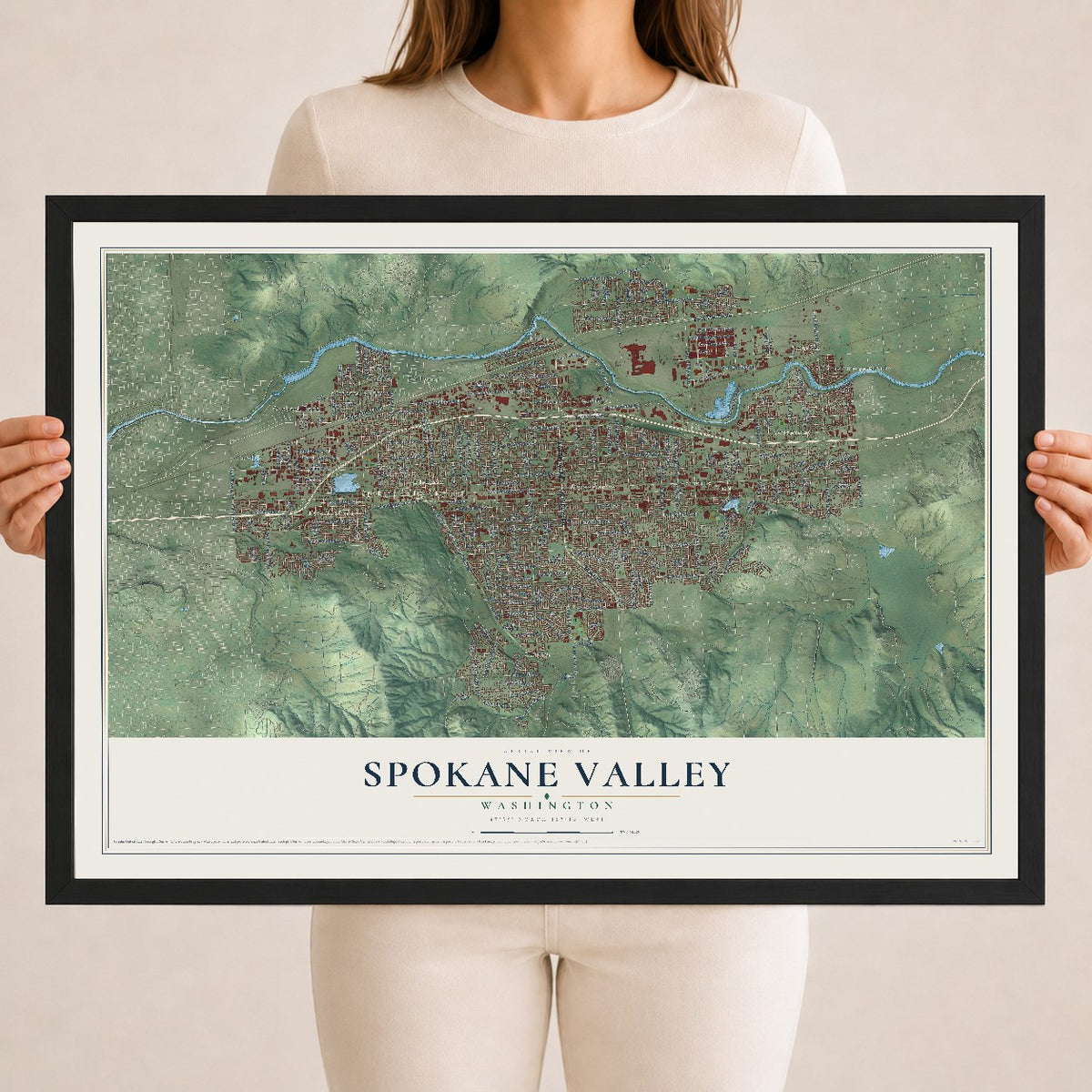 Map of Spokane Valley, Washington, 18 x 24 inch print in a black wood frame