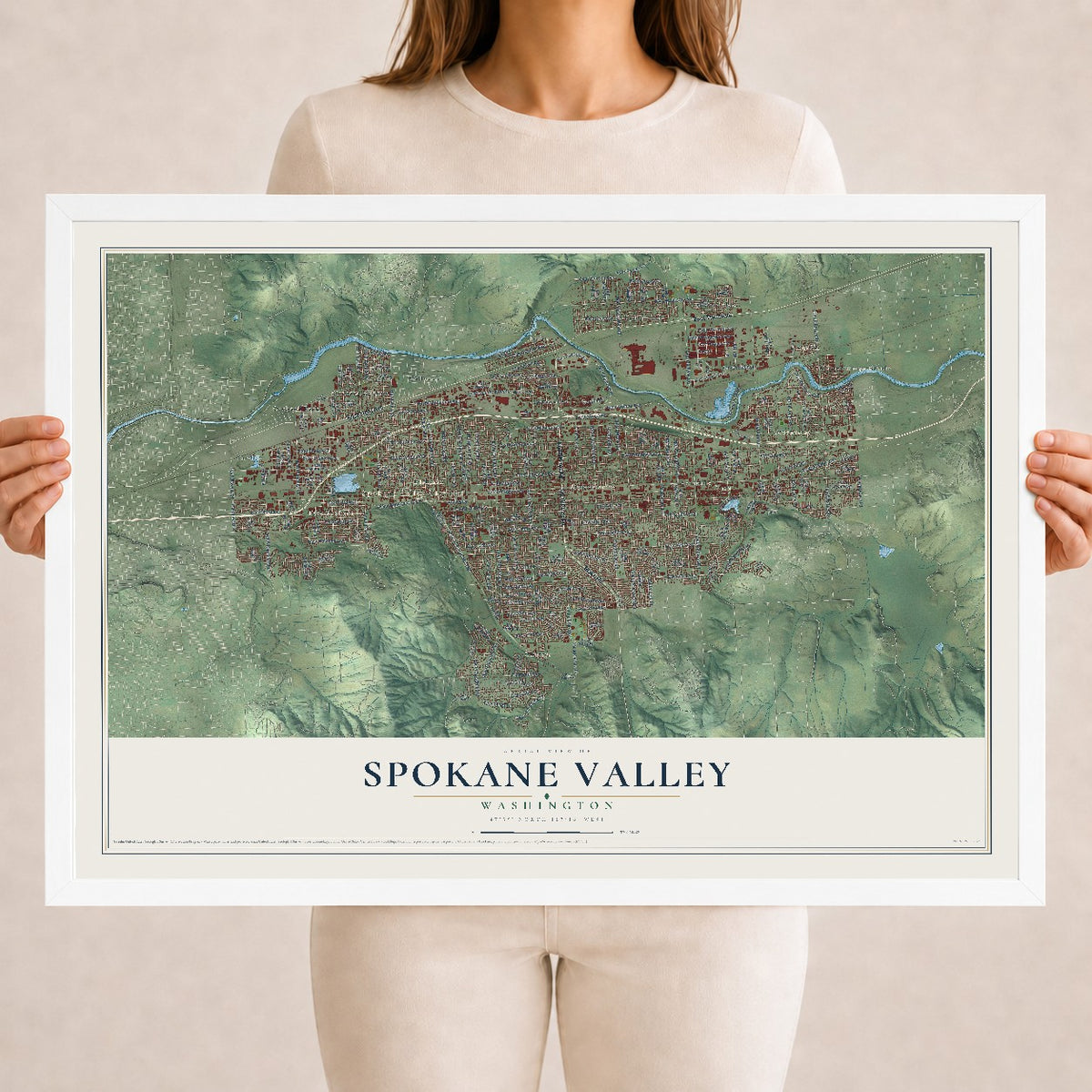 Map of Spokane Valley, Washington, 18 x 24 inch print in a white wood frame