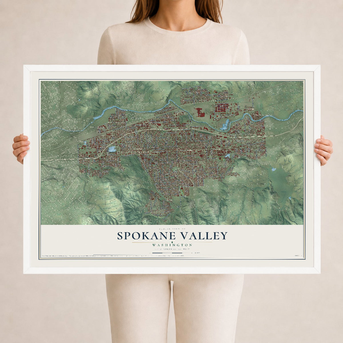 Map of Spokane Valley, Washington, 24 x 36 inch print in a white wood frame