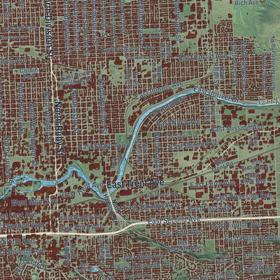 Close-up of the map of Spokane, Washington print showing street and building detail