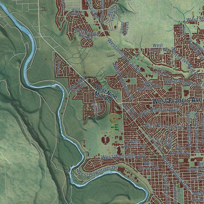 Second close-up of the map of Spokane, Washington print showing more streets and buildings