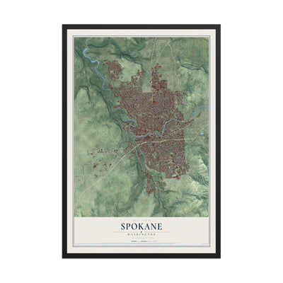 Map of Spokane, Washington, 12 x 18 inch print in a black wood frame