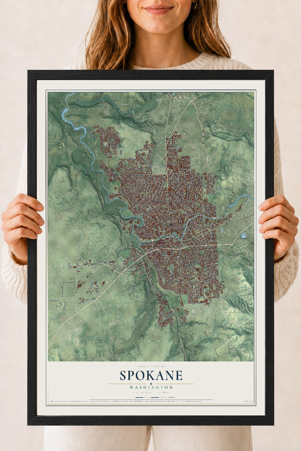 Map of Spokane, Washington, 18 x 24 inch print in a black wood frame