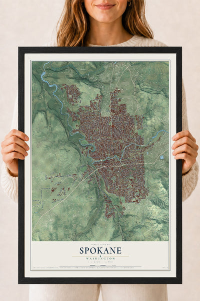 Map of Spokane, Washington, 18 x 24 inch print in a black wood frame