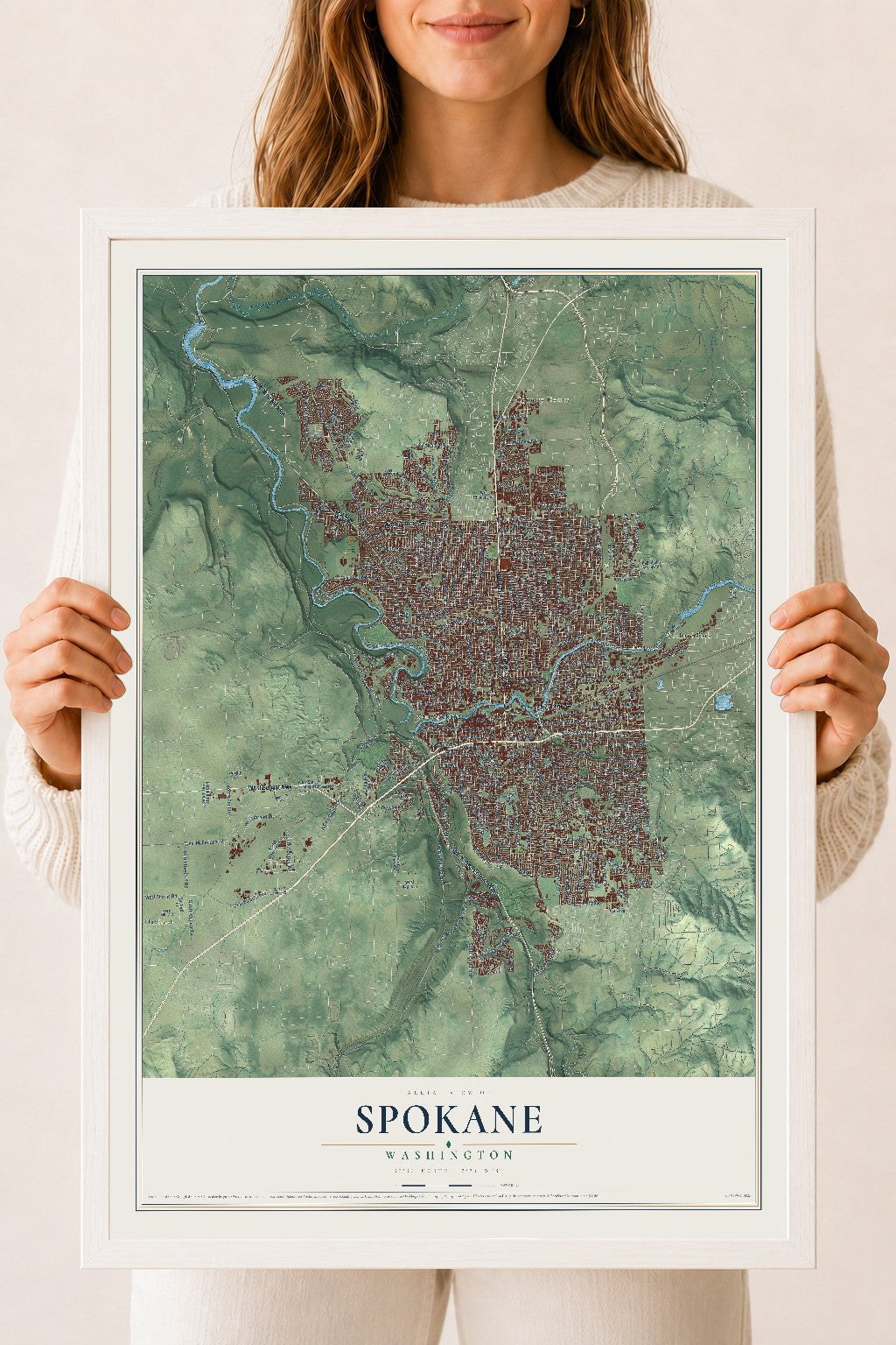 Map of Spokane, Washington, 18 x 24 inch print in a white wood frame