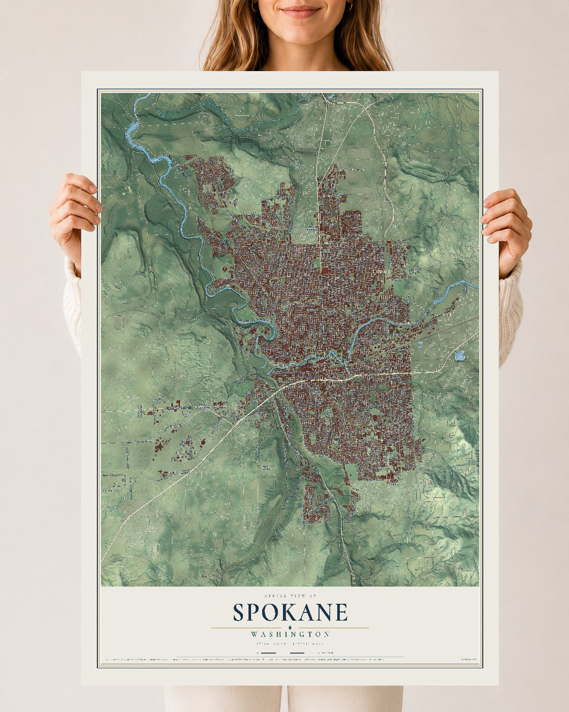 Map of Spokane, Washington, 24 x 36 inch unframed archival matte print