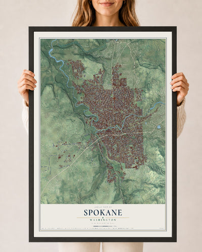 Map of Spokane, Washington, 24 x 36 inch print in a black wood frame