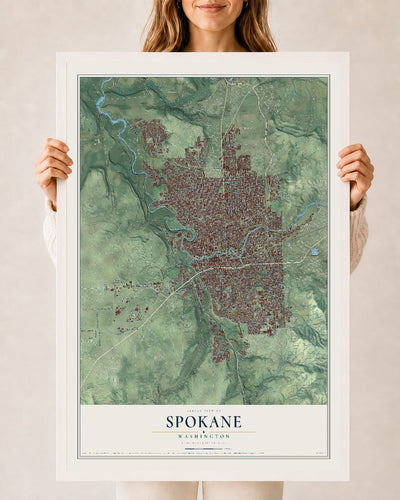 Map of Spokane, Washington, 24 x 36 inch print in a white wood frame
