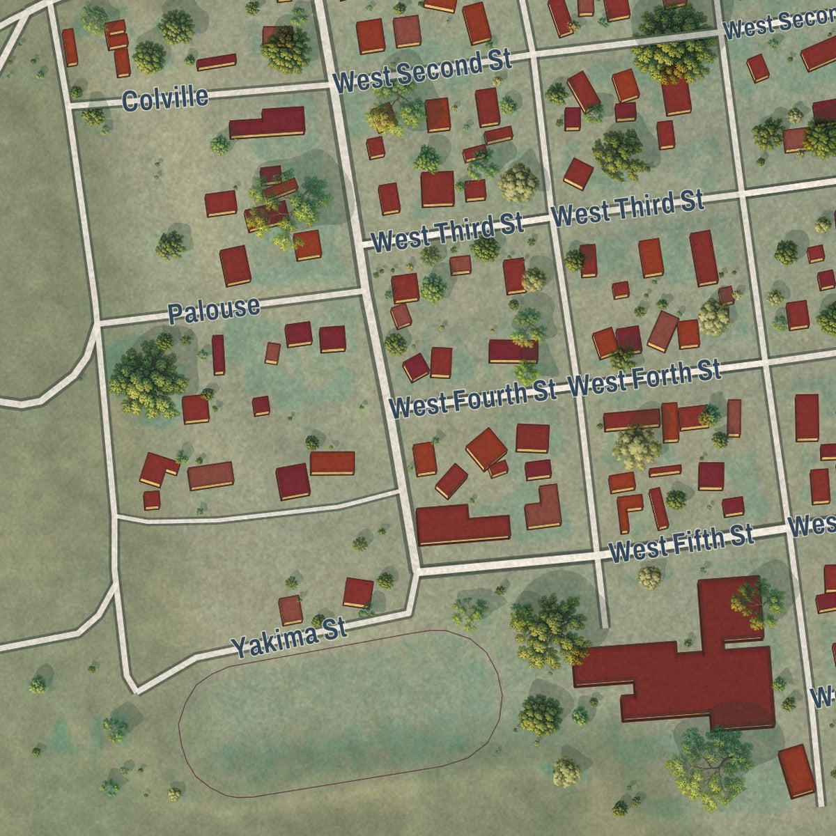 Close-up of the map of Sprague, Washington print showing street and building detail