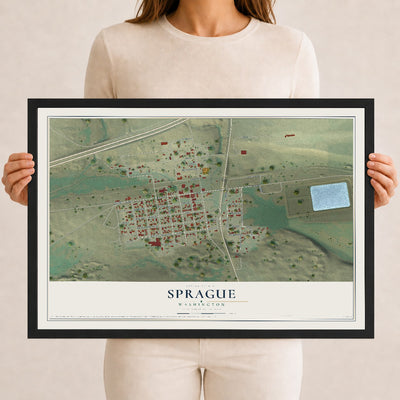 Map of Sprague, Washington, 12 x 18 inch print in a black wood frame