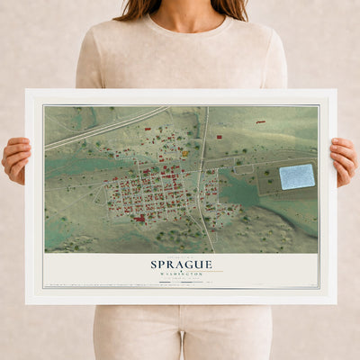 Map of Sprague, Washington, 12 x 18 inch print in a white wood frame