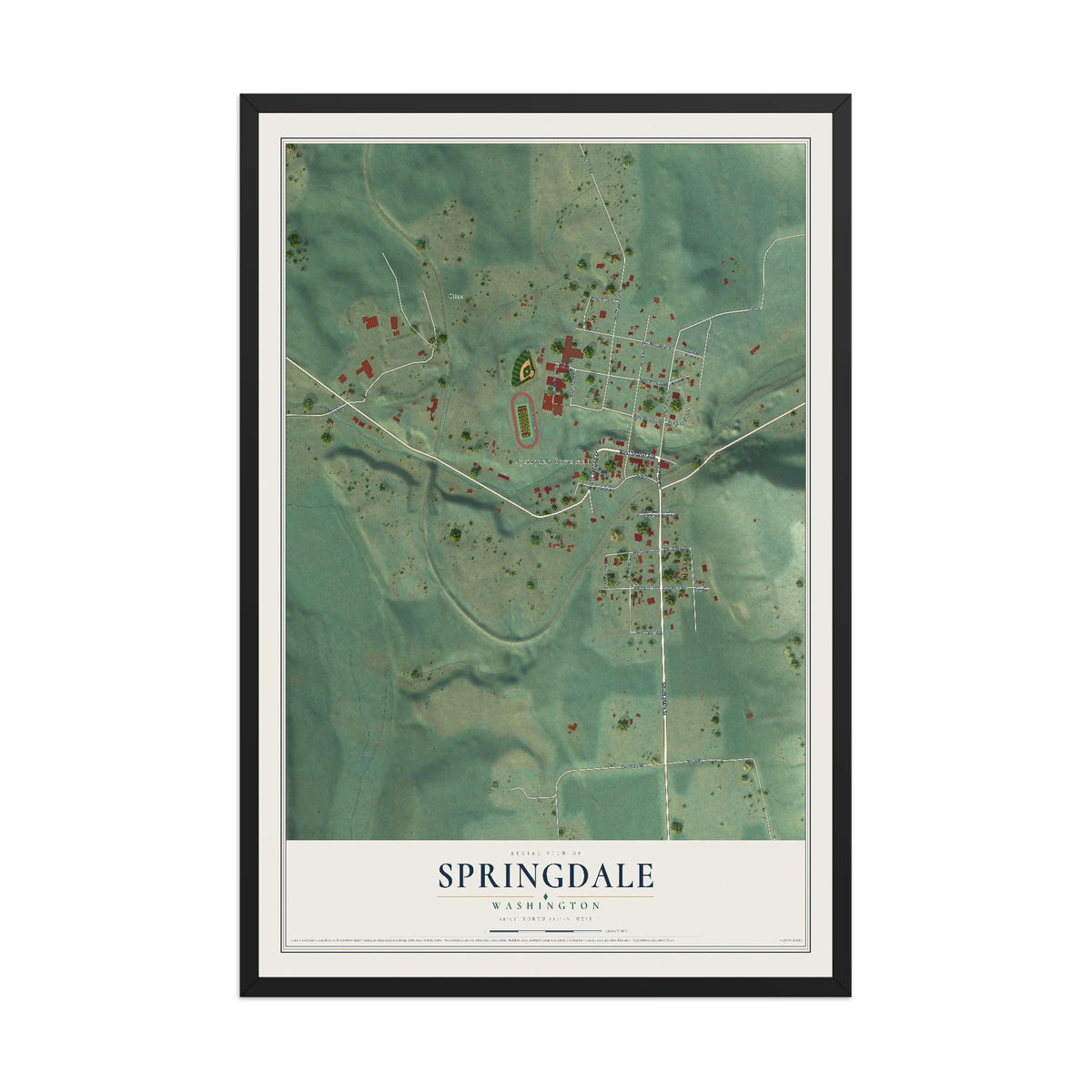 Map of Springdale, Washington, 12 x 18 inch print in a black wood frame