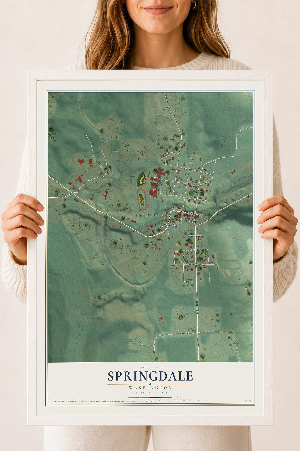 Map of Springdale, Washington, 18 x 24 inch print in a white wood frame