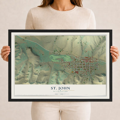 Map of St. John, Washington, 12 x 18 inch print in a black wood frame