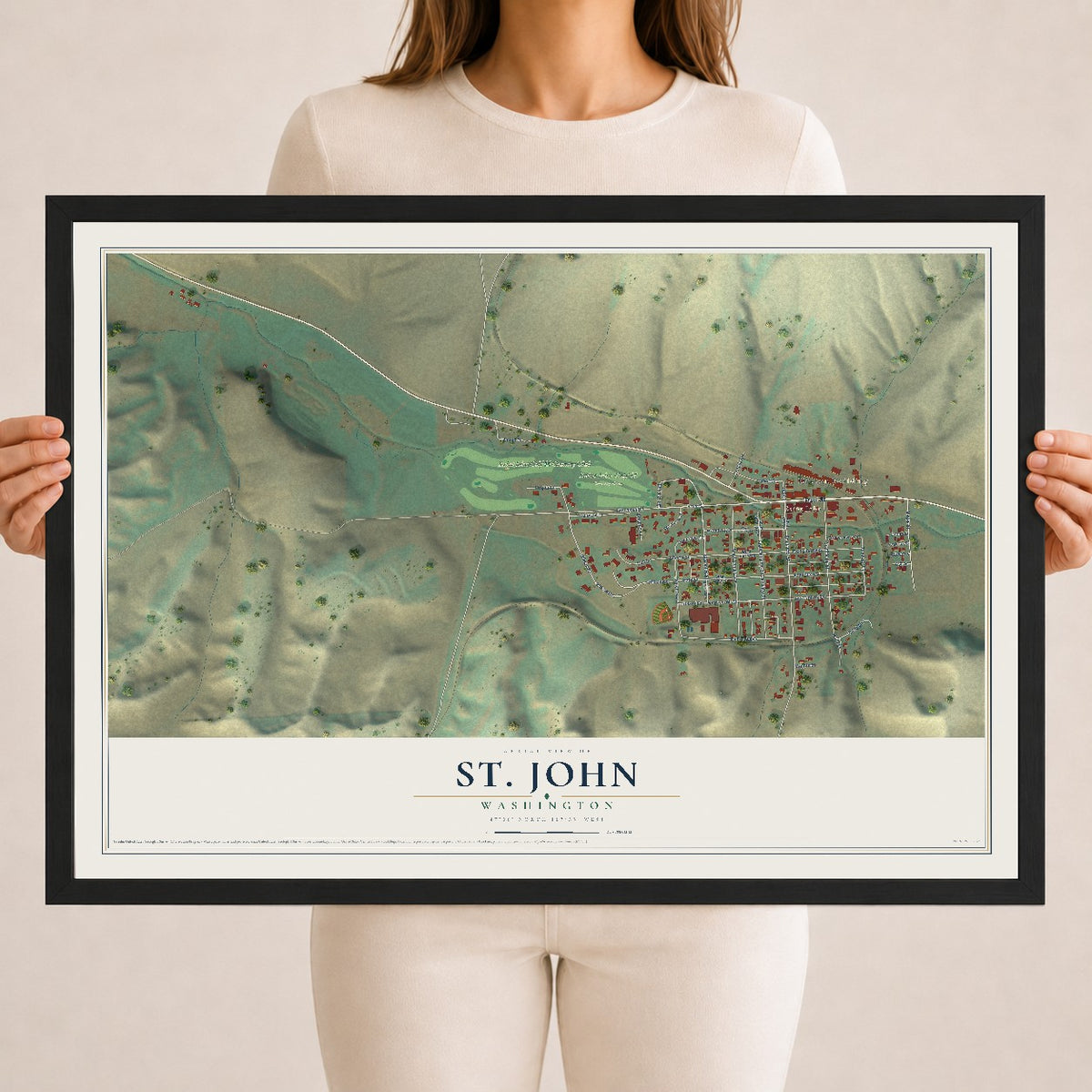 Map of St. John, Washington, 18 x 24 inch print in a black wood frame