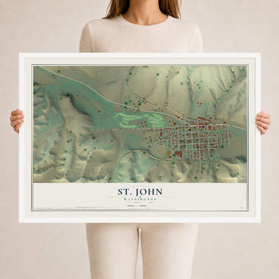 Map of St. John, Washington, 24 x 36 inch print in a white wood frame