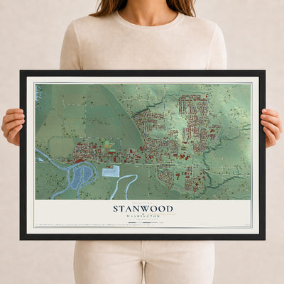Map of Stanwood, Washington, 12 x 18 inch print in a black wood frame