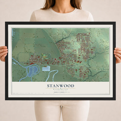 Map of Stanwood, Washington, 18 x 24 inch print in a black wood frame
