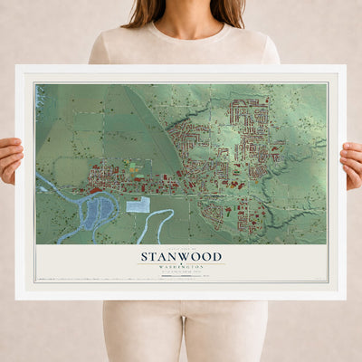 Map of Stanwood, Washington, 18 x 24 inch print in a white wood frame