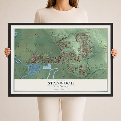 Map of Stanwood, Washington, 24 x 36 inch print in a black wood frame