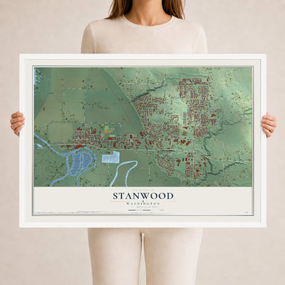 Map of Stanwood, Washington, 24 x 36 inch print in a white wood frame