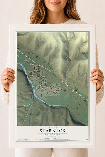 Map of Starbuck, Washington, 18 x 24 inch print in a white wood frame