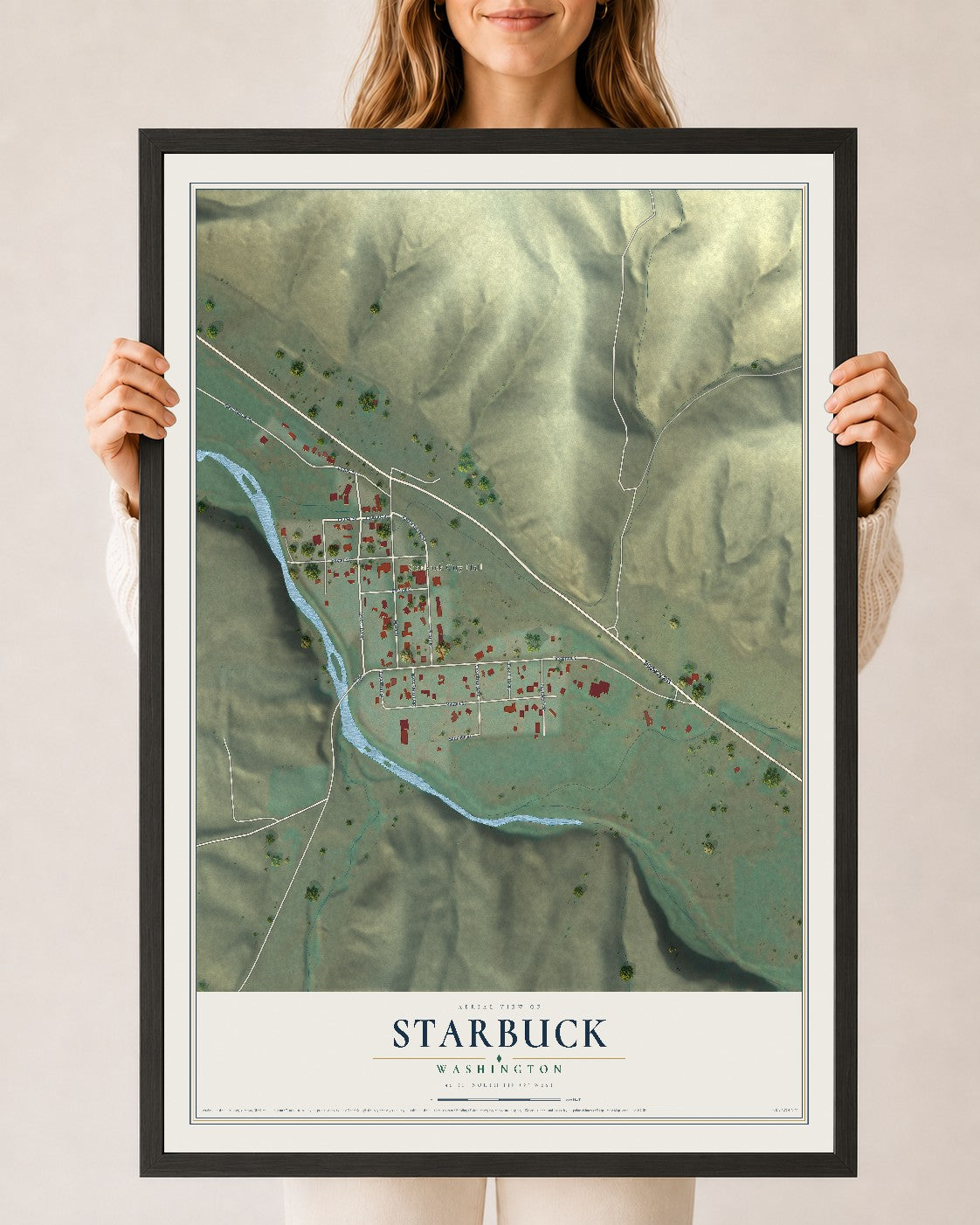 Map of Starbuck, Washington, 24 x 36 inch print in a black wood frame