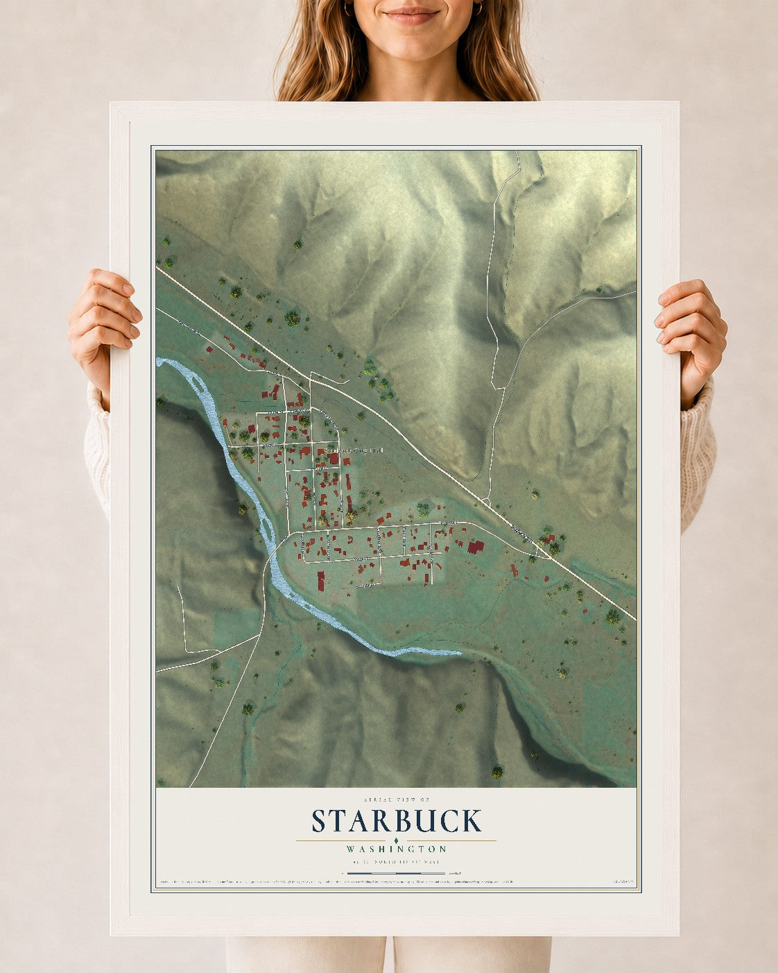 Map of Starbuck, Washington, 24 x 36 inch print in a white wood frame