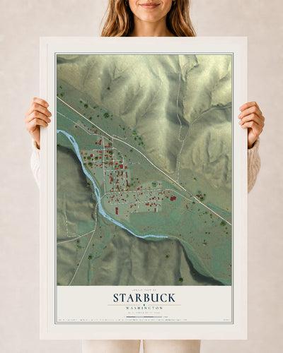 Map of Starbuck, Washington, 24 x 36 inch print in a white wood frame