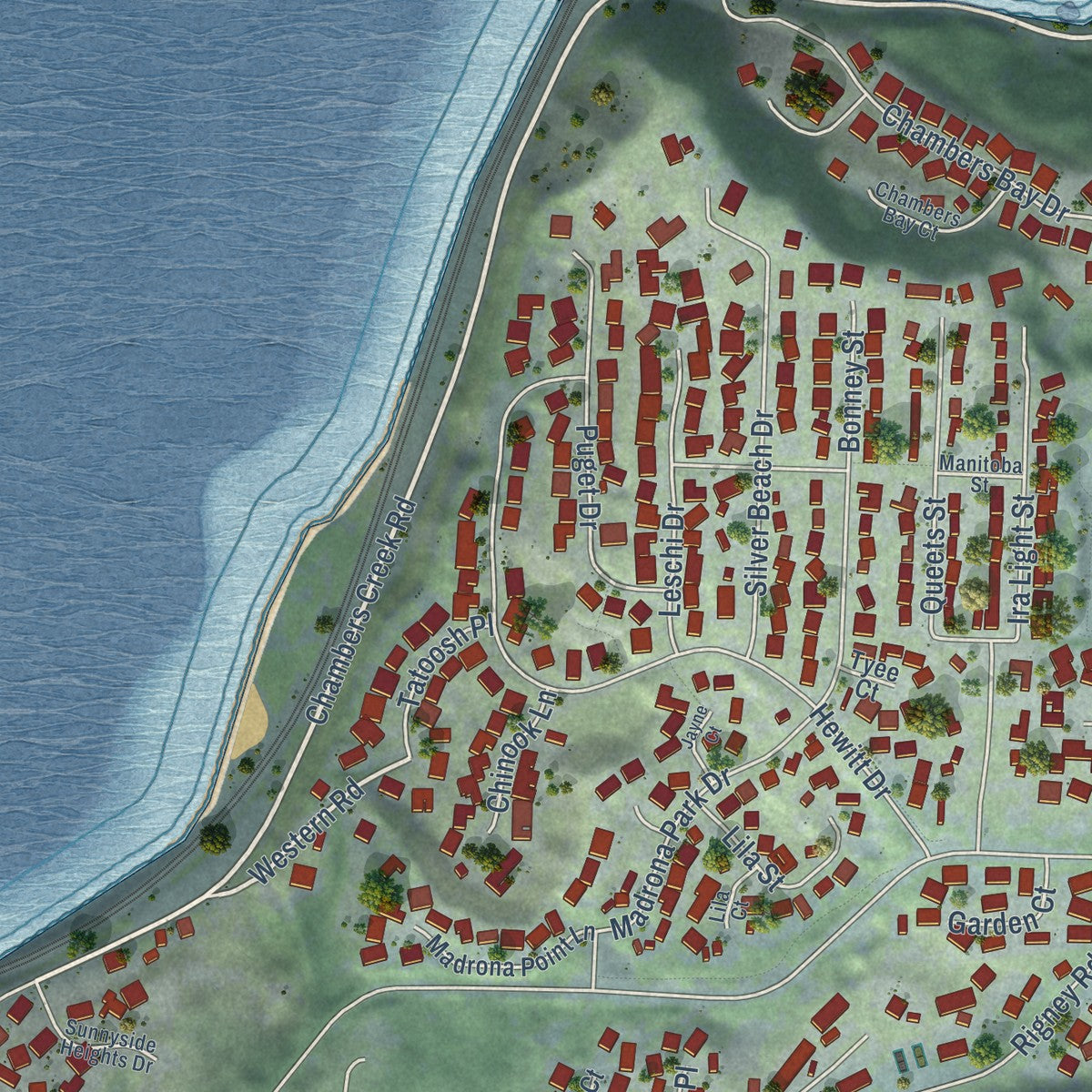 Second close-up of the map of Steilacoom, Washington print showing more streets and buildings