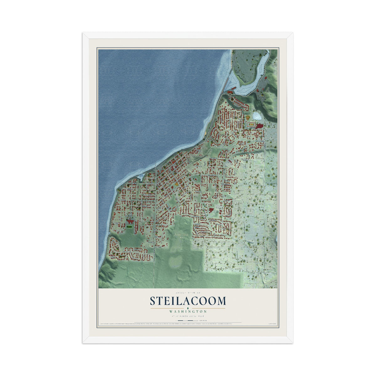 Map of Steilacoom, Washington, 12 x 18 inch print in a white wood frame