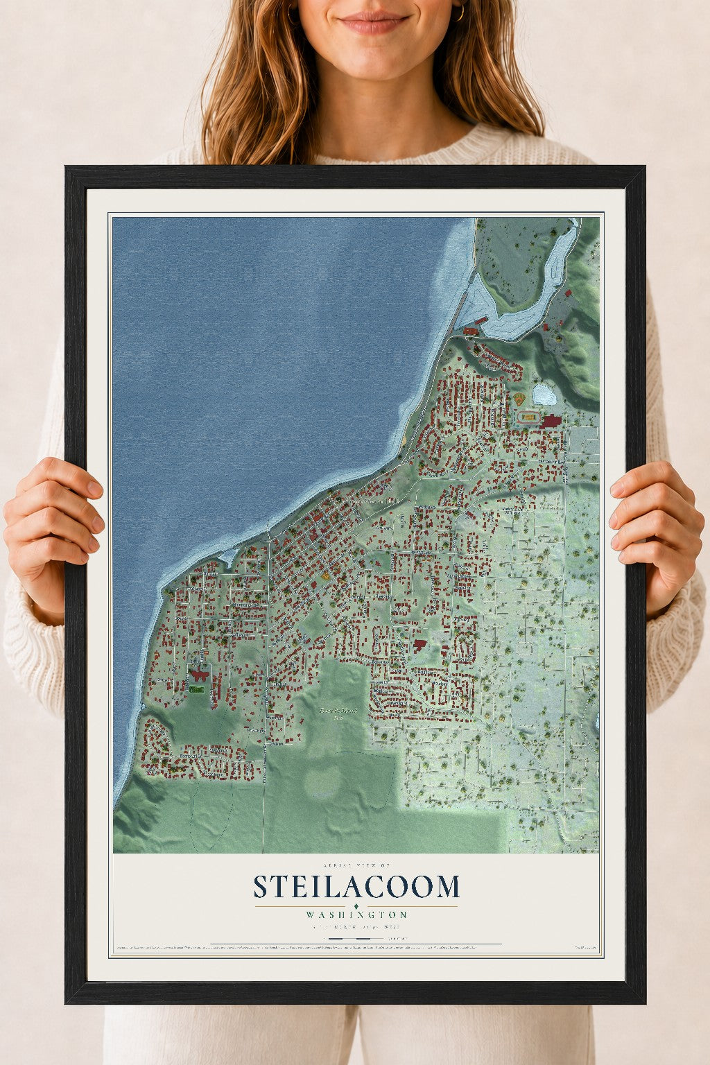 Map of Steilacoom, Washington, 18 x 24 inch print in a black wood frame