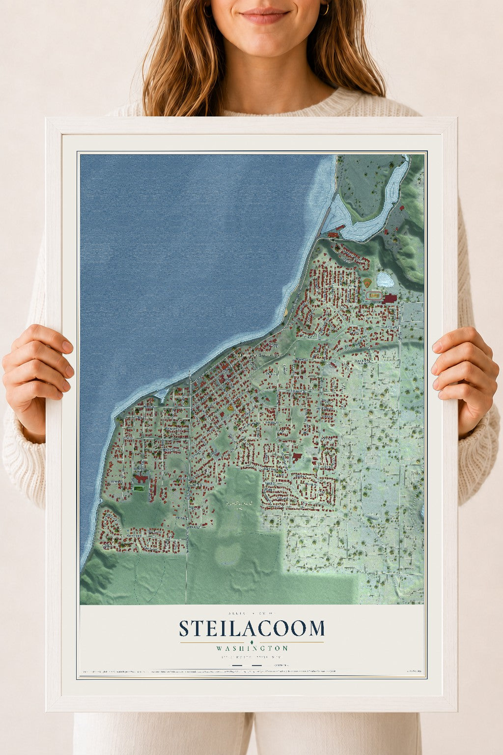 Map of Steilacoom, Washington, 18 x 24 inch print in a white wood frame