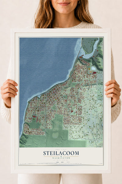 Map of Steilacoom, Washington, 18 x 24 inch print in a white wood frame